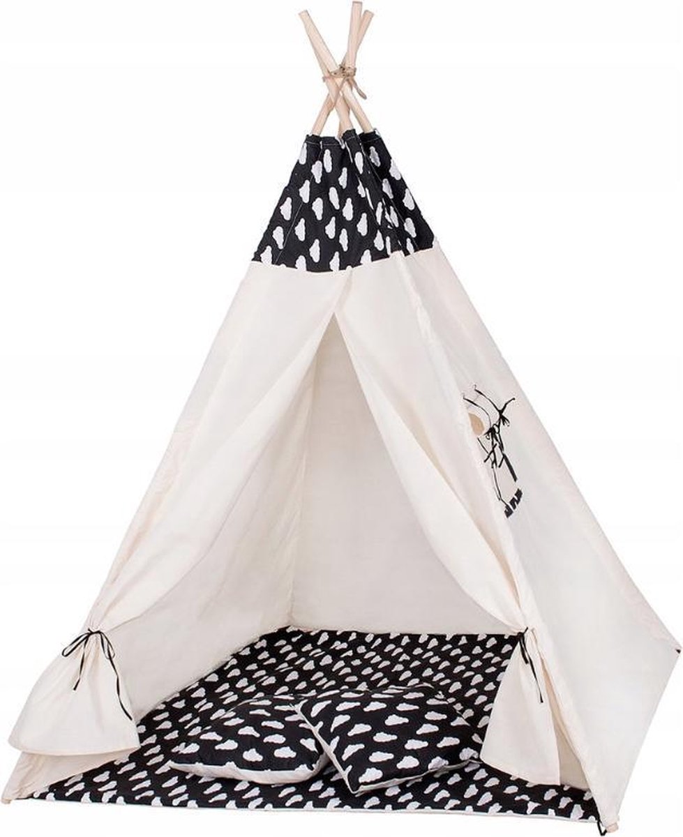 Springos Tipi Tent | Wigwam   | 120x100x180 cm | Met Mat en Kussens | Naturel Zwart | Wolken